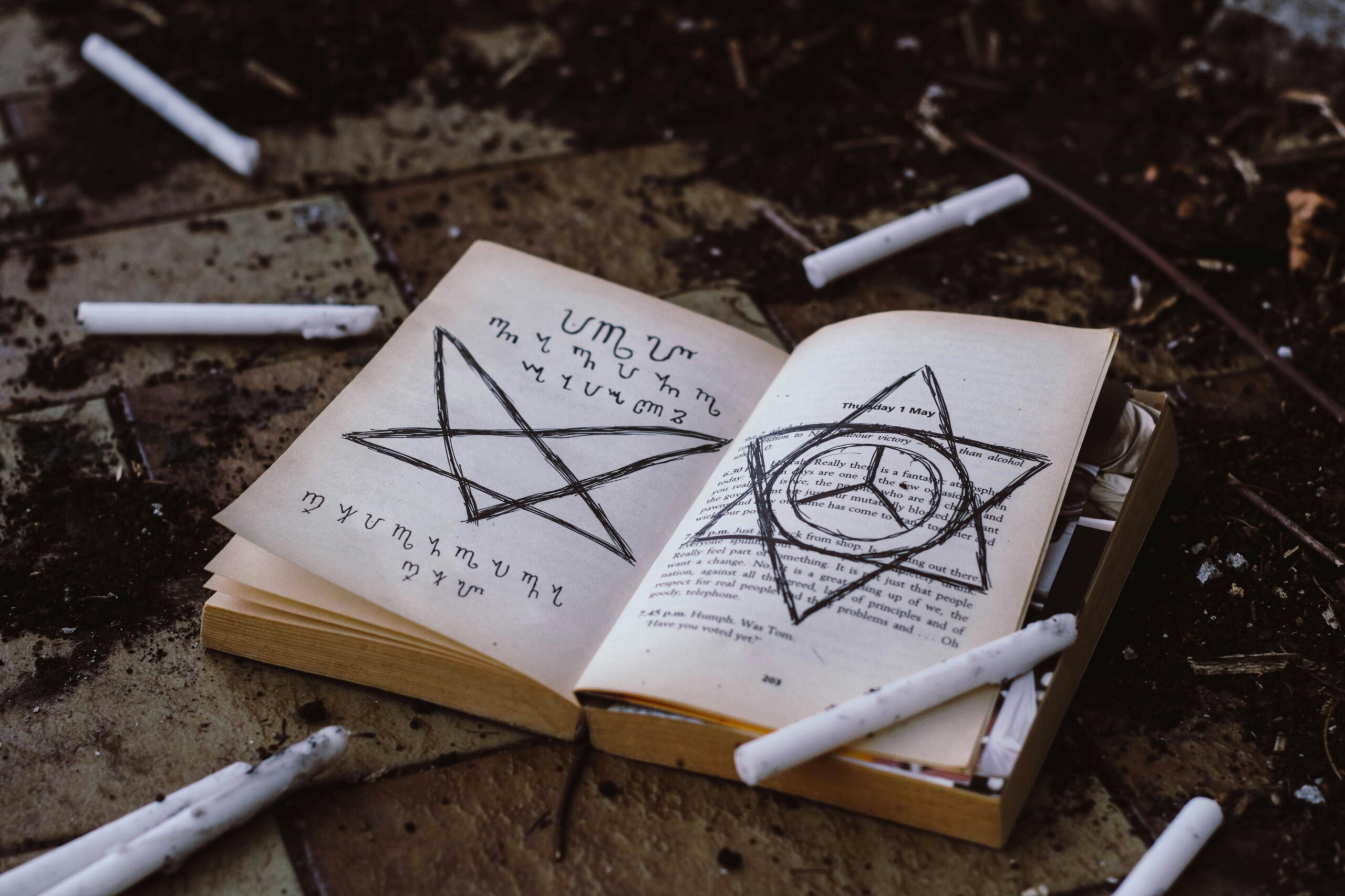 Open book with mystical symbols surrounded by candles, suggesting witchcraft and the occult.